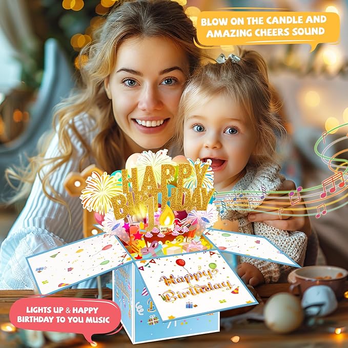 Tnvee 1ST Birthday Cards with Lights & Music & Candle, 3D Pop Up Singing Happy Birthday Greeting Cards Gfits for 1 Years Old Girl Boy Daughter Son