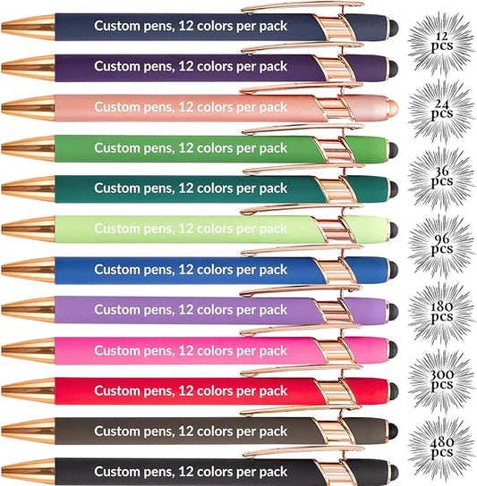 Up to 480 Pcs Personalized Pens in Bulk, Custom Metallic Printed Name Pens with Black Ink, Customized Pens Bulk with Stylus-Great Gift Ideas(Gold 12 Colors)