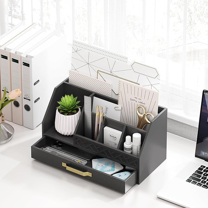 Bamboo Desk Organizer with Drawers, Mail Organizer Countertop Wood Desk Drawer Tabletop Storage Organization Pen Holder Letter Sorter Makeup Organizer for School Home Office (Black)