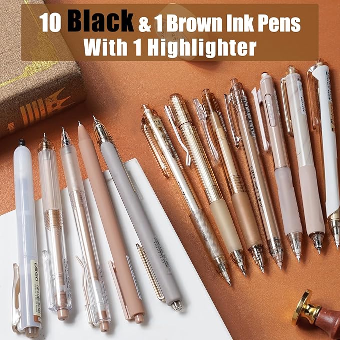 Four Candies 12Pack Pastel Gel Ink Pen Set, 11 Pack Black Ink Pens with 1Pack Highlighter for Writing, Retractable 0.5mm Fine Point Note Taking Pens for School Office (Brown)