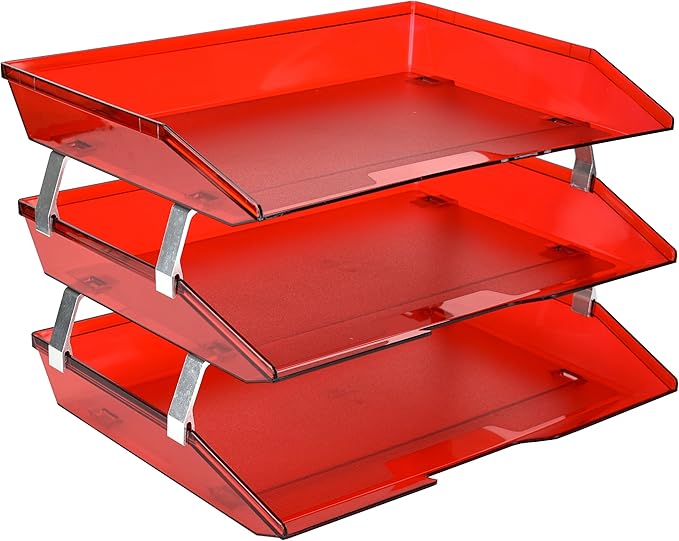 Acrimet 3 Tier Side Load Letter Tray Facility, Desktop File Organizer, A4 Letter Size Paper Organizer, Minimalist Storage Solution Paper Tray for Office, Home, Classroom (Plastic, Clear Red Color)