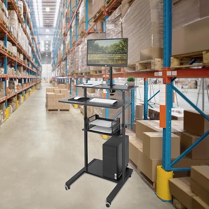 Mount-It Mobile Stand Up Desk / Height Adjustable Computer Work Station Rolling Presentation Cart With Monitor Arm (MI-7942B), Black