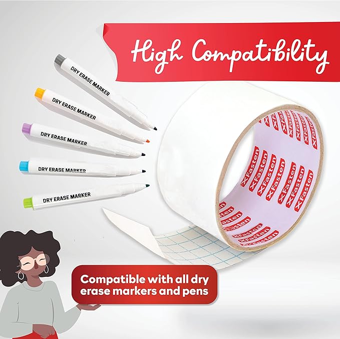 XFasten Dry Erase Tape White 2-Inch x 15-Feet Zero Smudging Ghosting-Free Whiteboard Tape, Reusable Dry Erase Labels for Storage Bins, Sentence Strips for Teachers