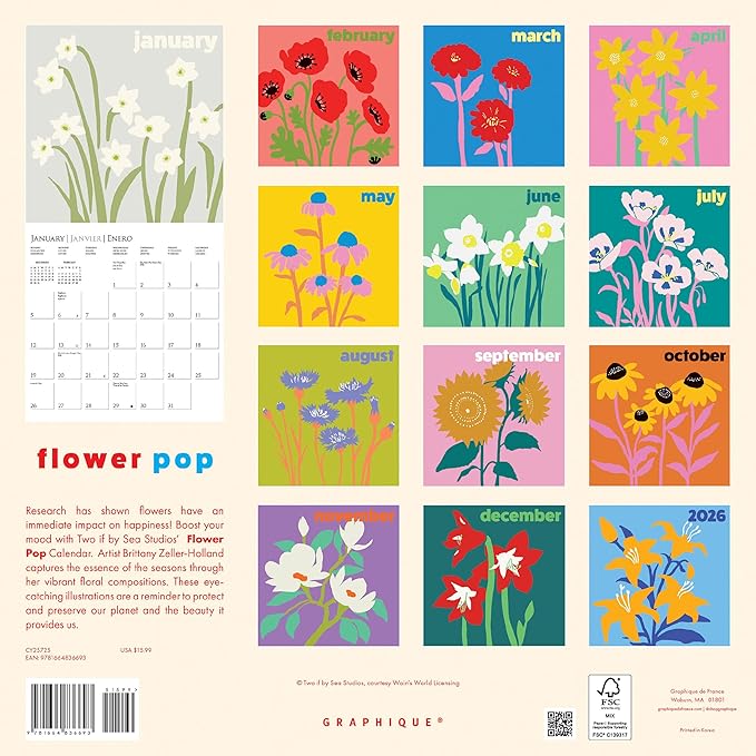 Graphique 2025 Flower Pop Wall Calendar | 12” x 12” | Thick Paper | Home & Office Organizer | Large Monthly Grid | 3 Languages & Marked Holidays | 4 Month Preview Page for 2026