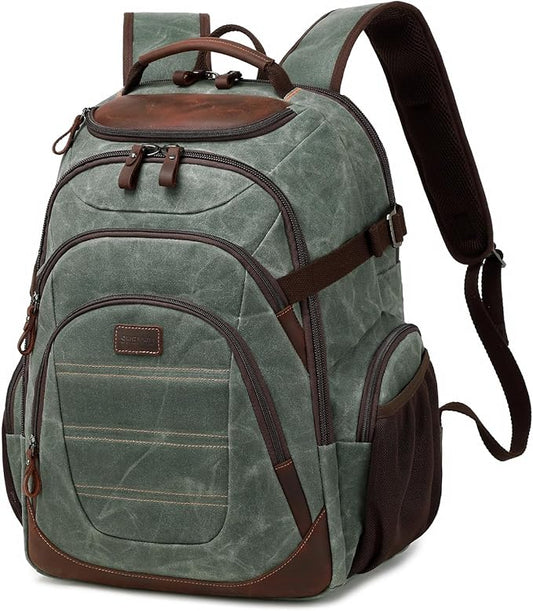 Travel Laptop Backpack 17.3 inch XL Computer Backpack for Men Waxed Canvas College Daypack Business Backpack Army Green