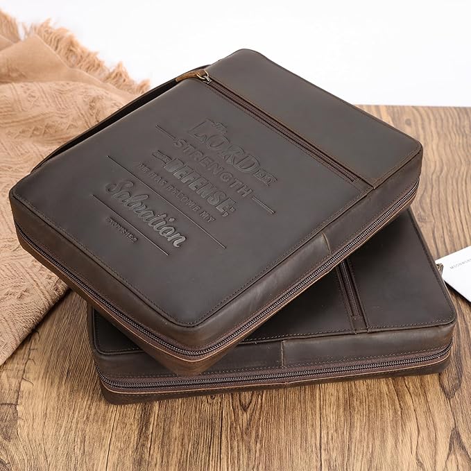 Polare Full Grain Cowhide Leather Bible Cover Church Bag Bible Protective Book Holder Carrying Case Folder Organizer Portfolio (Dark Brown(Lord is My Strength & Defense))
