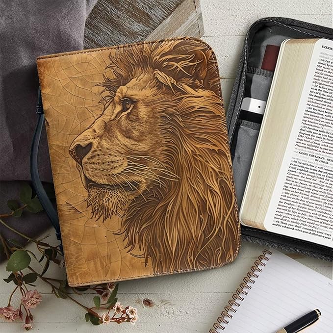 Lotusorchid Lion Print Bible Bag for Men, PU Leather Bible Cover Sturdy Bible Book Carrying Bags Christian Bible Study Accessories for Bible Study, Brown, XL