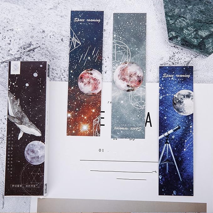 GORGECRAFT 1 Box 30PCS Bookmarks Aesthetic Galaxy Bookmarks Cool Space Starry Sky Bookmarks Vintage Style Clip in Bookmark Page Marker for Women Men Book Lovers Book Club Classroom Gift(Dark Blue)