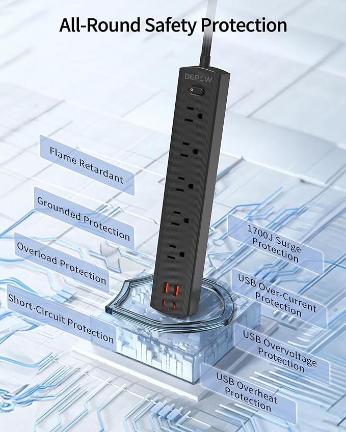 Surge Protector Power Strip(1875W/15A), 10 Ft Flat Extension Cord with 5 AC Outlets 4 USB Ports(2 USB C), 1700 Joules, Flat Plug, Wall Mount for Home Office, Dorm Essentials, Black