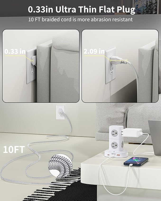 Power Strip Tower, 10 FT Extension Cord with 9 Outlets 3 USB (2 USB C), Surge Protector Tower, Multiple Outlets Power Strip Tower, Ideal for Dorms, Home Office, Travel, Hotels