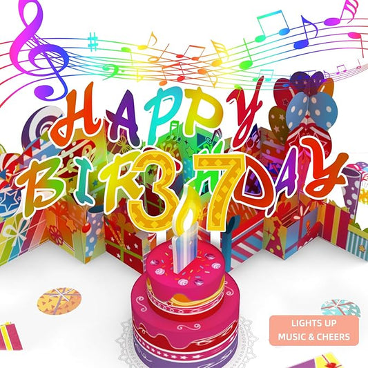 Gumry 37TH Musical Birthday PopUp Card, Blowable Colorful Light Candle 3D Cards with Song, Applause Cheers Sound, Greeting Cards Birthday Gifts Decorations for Women Men Turning 37 Years Old
