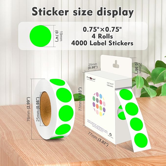 PARLAIM 3/4 Inch Roll Color Coding Labels,4000 per/4 Rolls Round Adhesive Color Coding Circle Dot Stickers for Office Home (Fluorescent Green)