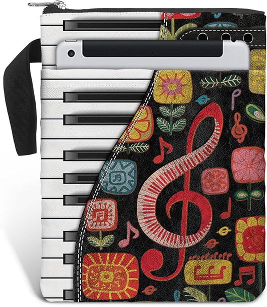Piano Gift Book Sleeve Bag with Zipper and Front Pocket for Paperbacks. Washable Fabric 11 X 8.5 Padded Book Bag Protector Pouch. Colorful Pattern