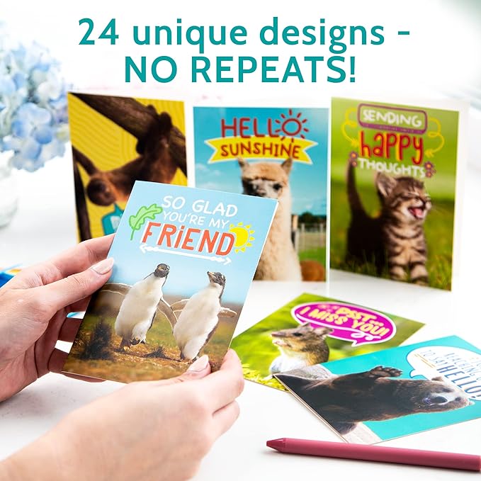 T MARIE 24 Funny Animal Greeting Cards - Humorous Designs with No Repeats - 4.5” x 6.25” Bulk Note Cards for Friends, Kids, Students, Teachers, Summer Camp and More