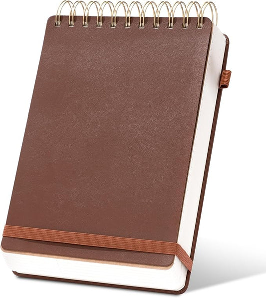 Yoment Top Spiral Notebook Leather Steno Pads 240 Pages Spiral Notepad for Work 5x7 Top Bound Steno Notebook, 100 GSM Thick Paper, Left Handed Notebooks for Office College School, Brown