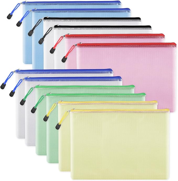 EOOUT 12pcs Mesh Zipper Pouch for Organizing, A4 Letter Size Zipper Storage Bags, Multicolor Plastic File Pouch Multipurpose for Classroom Organization Travel Storage Board Game Storage