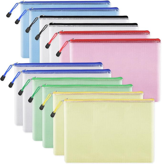 EOOUT 12pcs Mesh Zipper Pouch for Organizing, A4 Letter Size Zipper Storage Bags, Multicolor Plastic File Pouch Multipurpose for Classroom Organization Travel Storage Board Game Storage