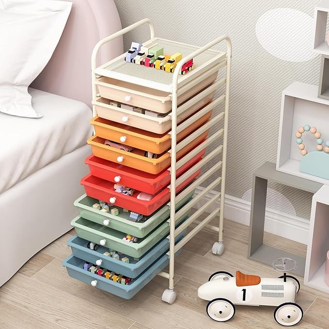 Storage Cart, Rolling Utility Cart with 10 Drawers, Portable Handles & Lockable Wheels, Mobile Paper Toys Storage Organizer Large Capacity for Home Office School Teacher (Macaron)