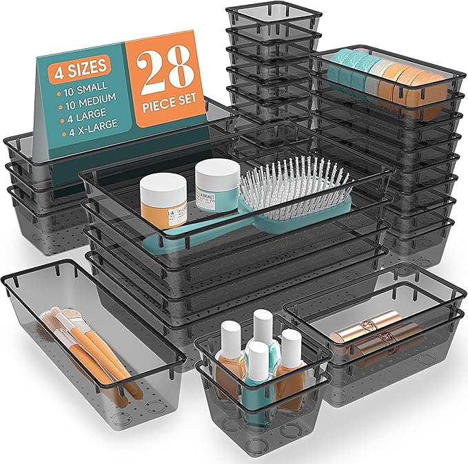 28 PCS Clear Plastic Drawer Organizers Set, 4 Size Desk Drawer Organizer Trays for Makeup, Jewelry, Kitchen Utensils, Gadgets and Office Accessories, Black