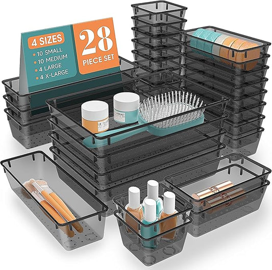 28 PCS Clear Plastic Drawer Organizers Set, 4 Size Desk Drawer Organizer Trays for Makeup, Jewelry, Kitchen Utensils, Gadgets and Office Accessories, Black