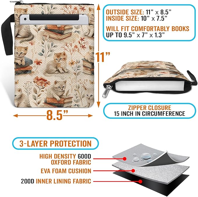 Cat Pattern Book Sleeve Bag Gift for Lovers & Librarians. Padded Book Cover Bag with Zipper & Front Pocket for Paperbacks. Washable Fabric, 11 x 8.5 Inch