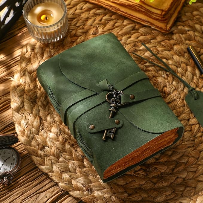 Fausta Vintage Handcrafted Leather Journal with Key for Writing, 240 Pages 8 x 6 inches, Deckled Cotton Paper Notebook/Diary for Men and Women 150 GSM Drawing/Sketchbook, Hunter Green