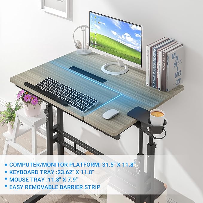 Panta Mobile Standing Desk, Adjustable Rolling Computer Desk with 3 Desktops, Portable Laptop Table with Desk Cup Holder, Home Office Laptop Workstation on Lockable Wheels,Grey Oak