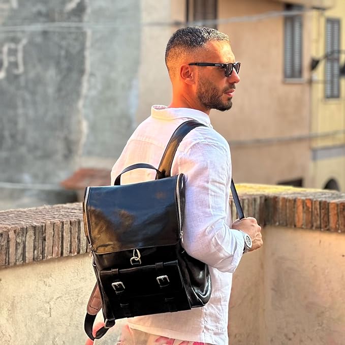 Time Resistance Leather Backpack up to 15 in Laptop Travel Bag Rucksack (Black)