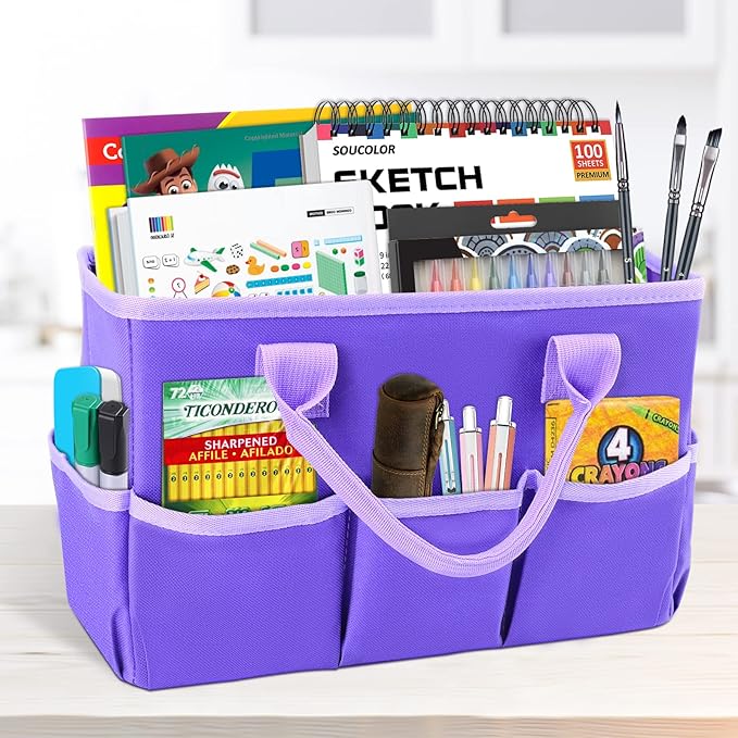 Godery Desktop Tote and Stock Organize, Teacher Helper Tote Bag Organization for Arts, Books, Stationery, etc, and Office Desk Organize, Make-up Storage Tote with Handles for Travel (PURPLE)