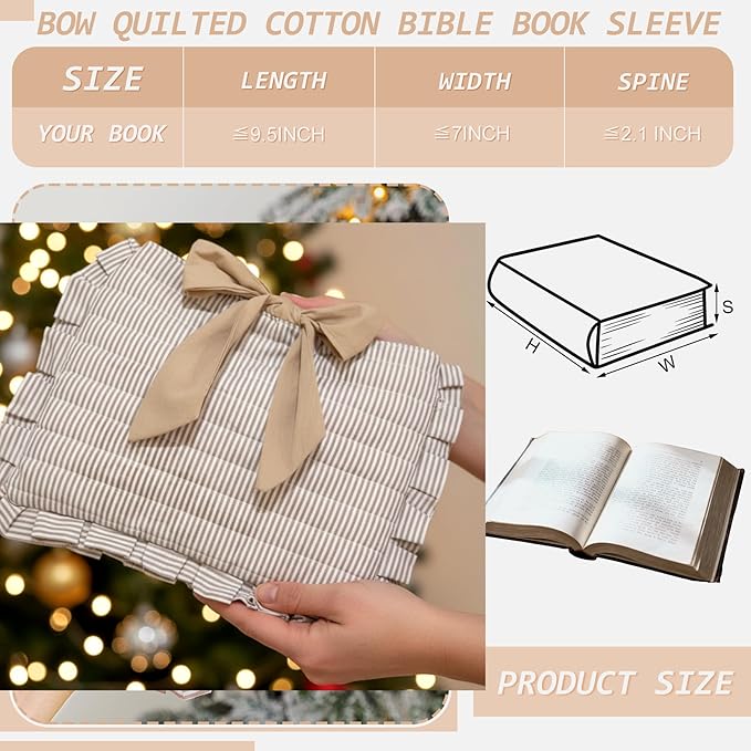 Honoson Quilted Bow Bible Sleeve Book Cover Case Padded Protector Washable Bible Bag Pouch Christian Gift for Women Girls Book Lover Gifts (Khaki Striped)