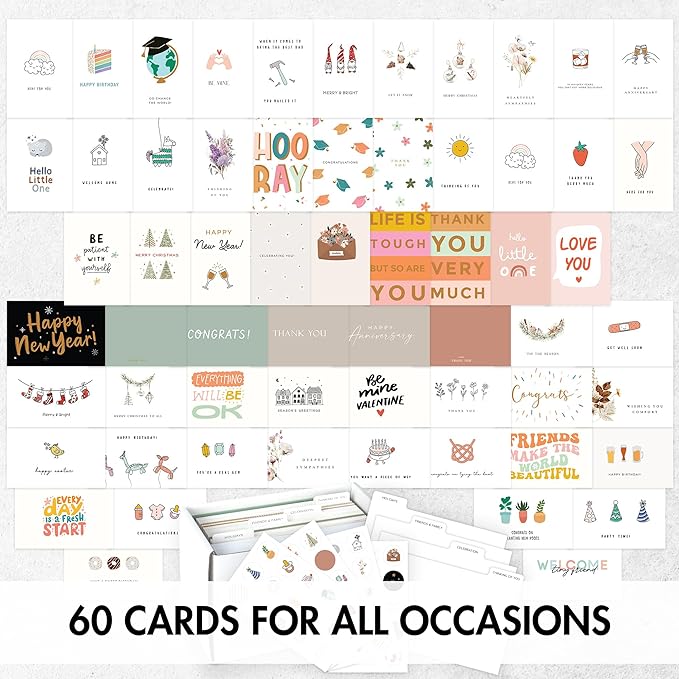 KIBAGA Beautiful Greeting Cards Set of 60 with Envelopes & Stickers - Tasteful Assorted Blank Note Cards - Perfect Get Well, Congratulations, Holiday & More Stationary Cards For All Occasions