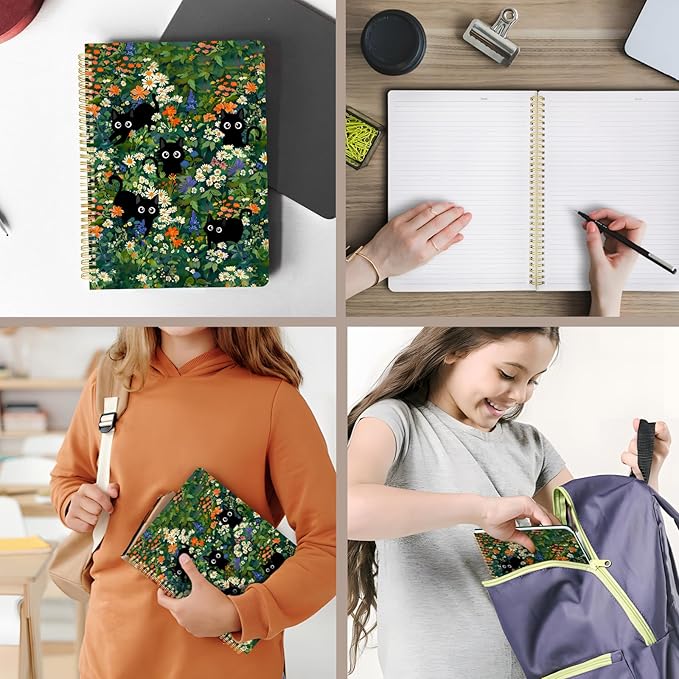 Cute Spiral Notebook journal A4 Aesthetic Pretty Design for Women Girls Kawaii with Pocket, 8.5 x 11 inch, Lined, Cat Garden