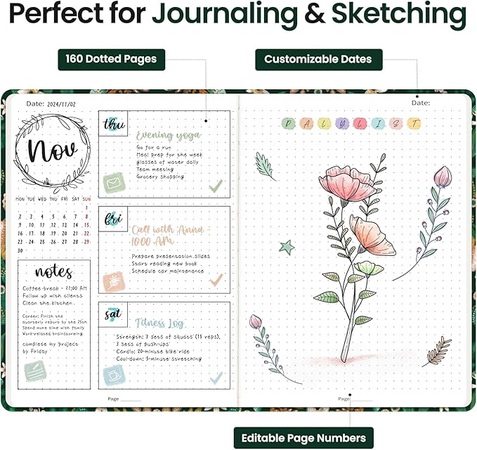 Bullet Dotted Journal Notebook for Women & Men, Hardcover Leather Journal for Writing, A5 Bullet Journaling Notebook for Work & Sketching, Perfect for Office School Home Supplies, 160 Pages, Butterfly