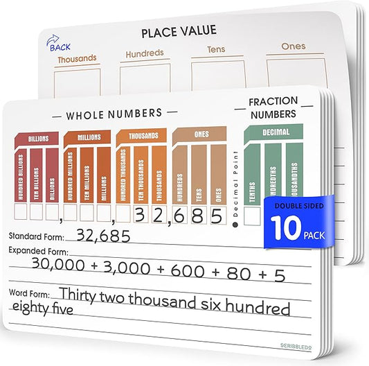 SCRIBBLEDO Place Value Chart Math Practice 9”x12” Small White Board Dry Erase Sheets Math Manipulatives Math Supplies Homeschool Teacher Students Classroom Pack of 10 Sheets