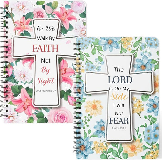 2Pack A5 Floral Cross Religious Spiral Notebooks - Bible Verses Writing Notebooks, Ruled Hardbound Lined Journal, Inspirational Christian Christmas Gift, Sunday School Supply (Pink & Blue)