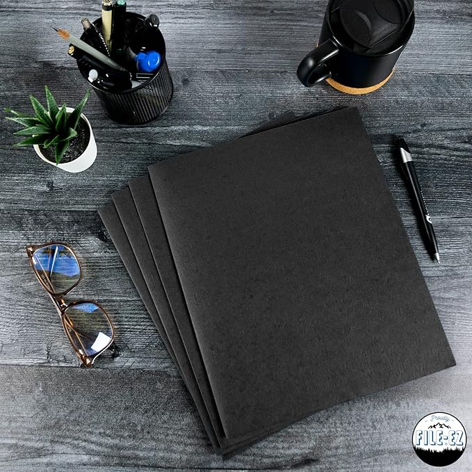 FILE-EZ Two-Pocket Folders, Black, 25-Pack, Textured Paper, Letter Size (EZ-32505)