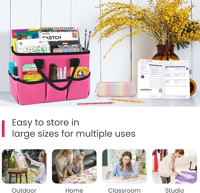 Godery Desktop Tote and Stock Organize, Teacher Helper Tote Bag Organization for Arts, Books, Stationery, etc, and Office Desk Organize, Make-up Storage Tote with Handles for Travel (PINK)