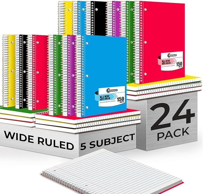 24 Pack Spiral Notebook, 5 Subject, 300 Pages/Book (150 Sheets), Wide Ruled, 8 x 10-1/2, Office Spiral Notebooks, Bulk Subject Notebooks for Students & School, Soft Cover, Assorted Colors