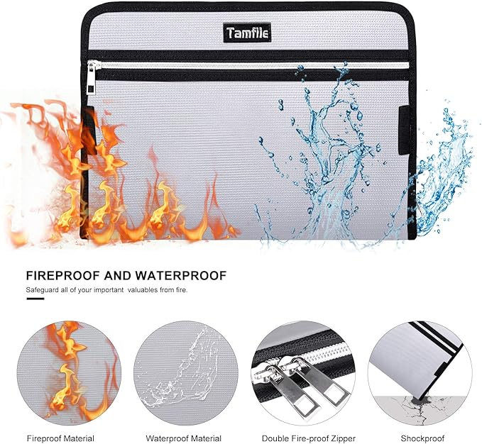 Fireproof Safe Waterproof Accordion File Bag Folder Expanding Filing Folder with 14 Multicolored Pockets, A4 Letter Size, Document Organizer Holder and Color Labels /2 Zipper (Silver 14.3" x 9.8")