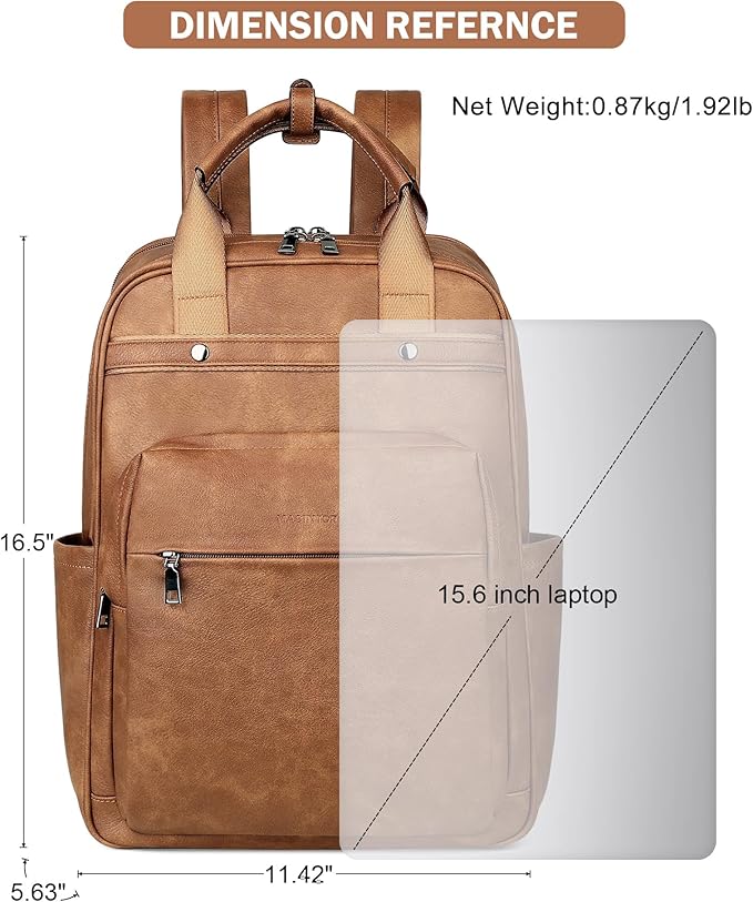 MASINTOR Leather Laptop Backpack for Women, Stylish Computer Backpack College Business Work Shoulder Bags Work and Travel Mocha Brown