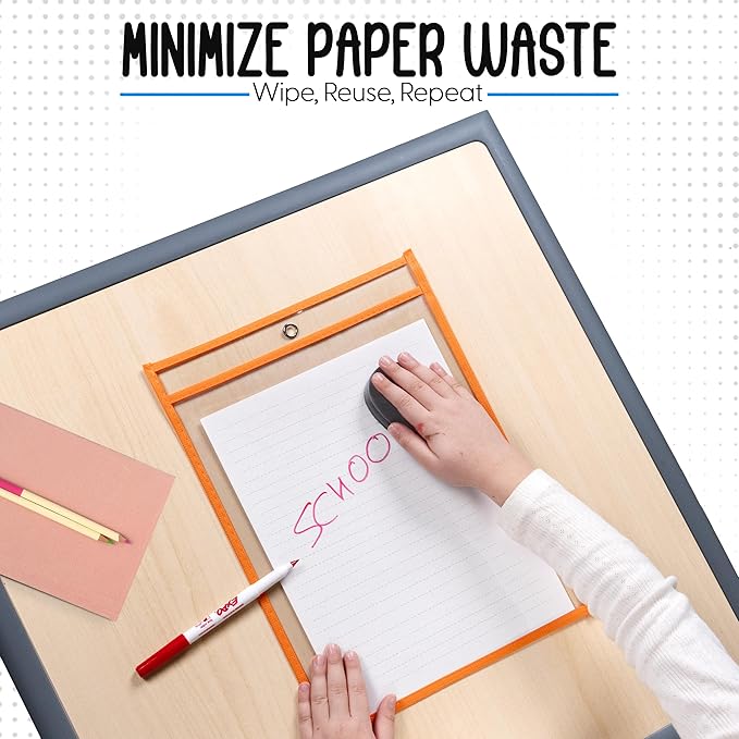 30 Pack, Assorted, Dry Erase Pocket Document Protectors,10" Wide x 13.5" Tall - Dry Erase Clear Plastic Sleeves - Reusable & Easy Erase Plastic Invoice Holders, Water-Resistant & Durable