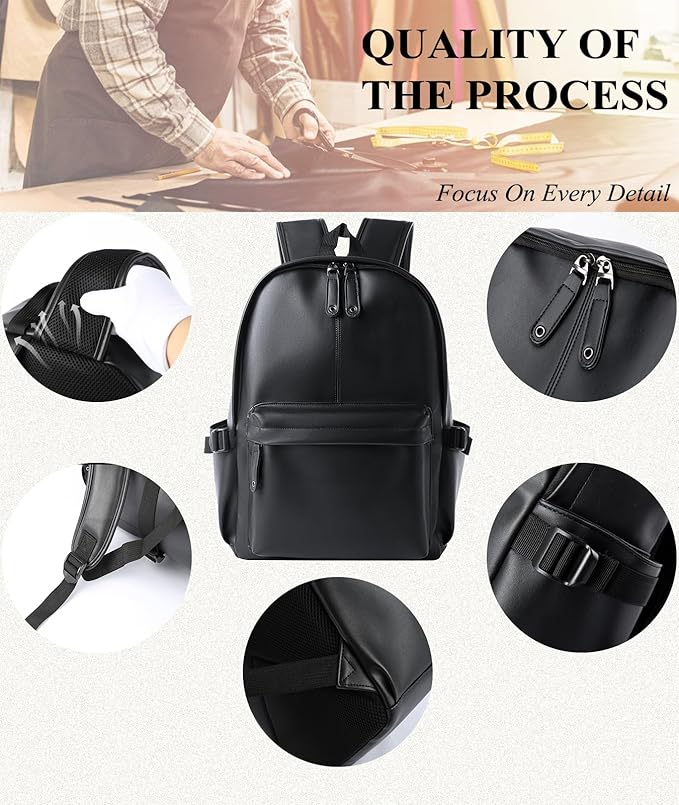 Pu Leather Laptop Backack For Men Women Classic Water-Resistant Purse Airplane Travel Backpacks Work Business Bag Black