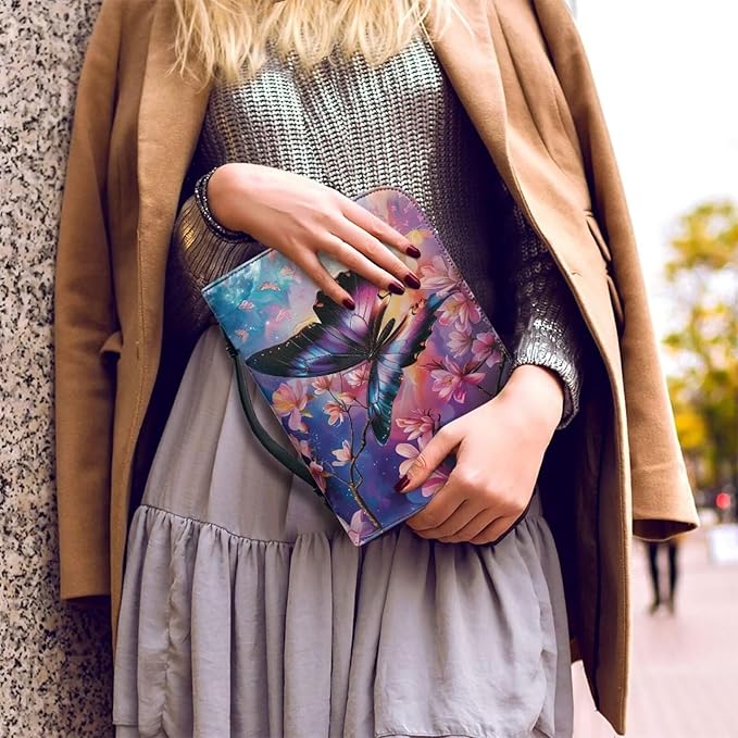 Lotusorchid Cherry Blossom Butterfly Printed Bible Bags, Faux Leather Bible Covers with Handle Pockets for Women, Blue Butterfly Sturdy Bible Bag for Girls Ages 8-12, Christian Bible Study Accessories