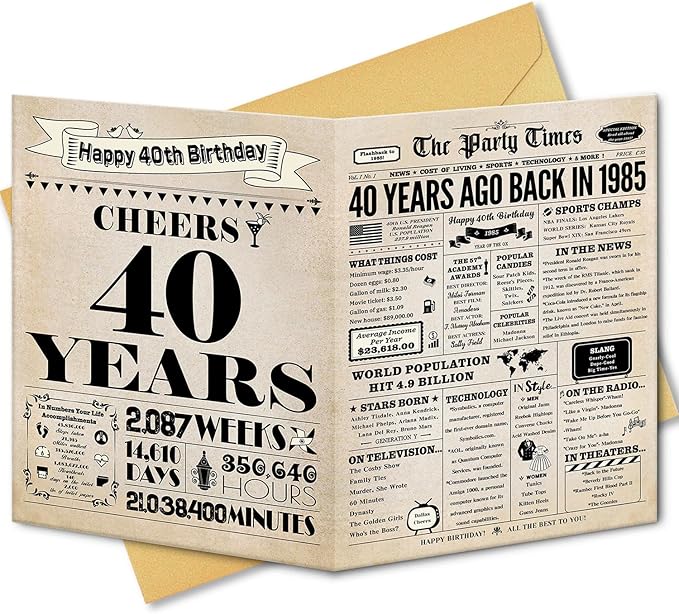 40th Birthday Card, 40th Birthday Gifts Women Men, 40th Birthday Decorations for Him Her, Back in 1985 Birthday Card