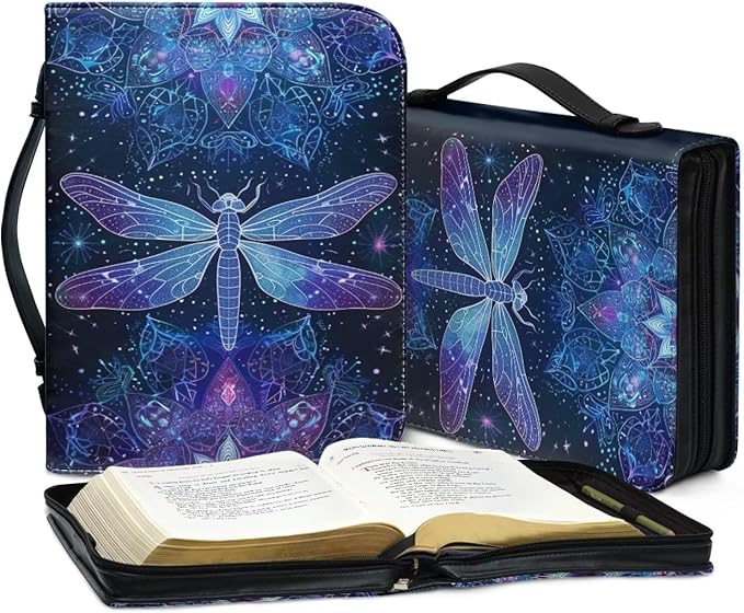 Lotusorchid Dragonfly Print Bible Covers for Women PU Leather Bible Case, Portable Bible Tote Bag Bible Book Carrying Case Christian Bible Accessories with Handle Pocket, Blue, M