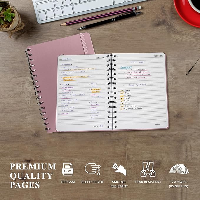 Lined Spiral Journal Notebook For Men & Women - A5(5.8" x 8.3") 170 Pages, Hardcover Notebooks for Work & Note Taking, College Ruled Journals for Writing - Pink