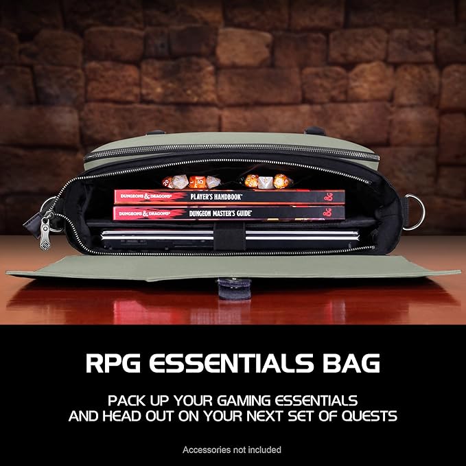ENHANCE Collector's Edition RPG Player's Essentials DnD Bag - Dragon Hide Exterior Messenger Bag Fits 2-4 Books, Binders, Dice & Accessories, with 17 inch Laptop Slot, Battlemap Straps (Dragon Silver)