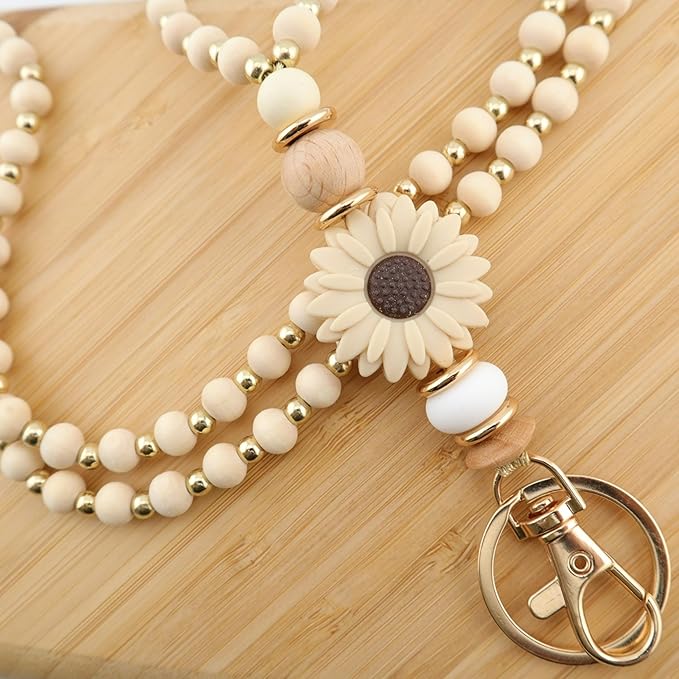 Wooden Teacher Lanyards for Id Badge Cute Flower Wood and Gold Beaded Lanyards for Women for Nurse Badge