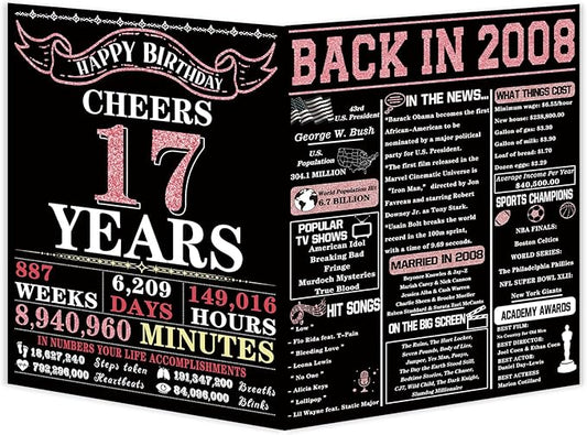 YiKaLus Jumbo 17th Birthday Card for Daughter Son, Happy 17 Year Old Girl Boy Bday Gift Ideas, Vintage Back In 2008 Decorations for Sister Brother