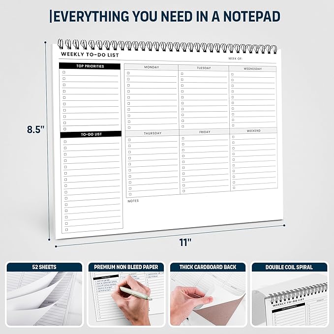Weekly To Do List Spiral Planner Pad - 8.5x11" 52 Sheets - Desk Notepad with Multiple Sections - Undated Planning Notebook Checklist, Todo Agenda Plan